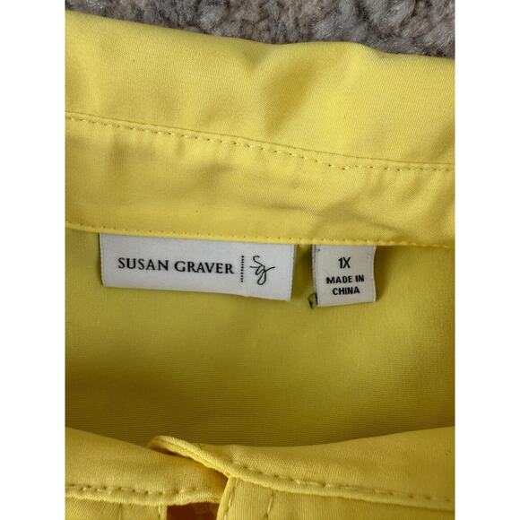 Susan Graver Plus Size 1X Casual Button Collar Top Yellow 3/4 Sleeve Pockets - Picture 6 of 8